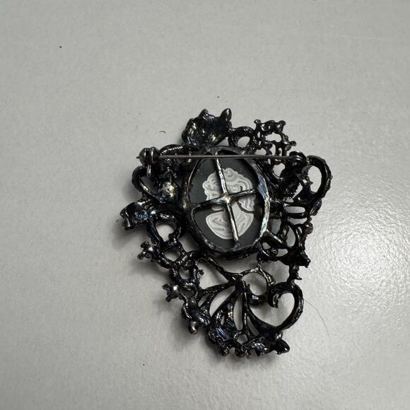 Vintage Ornate Cameo Brooch with Rhinestones – 2.5 Inches, Dark Silvertone - Picture 9 of 9